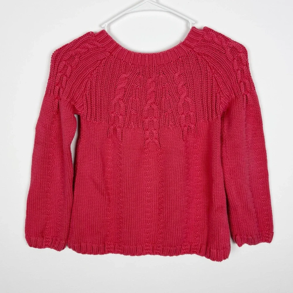 Garnet Hill Girls Kinsley Sweater Crew Neck Cable Knit Pink Pima Cotton Large